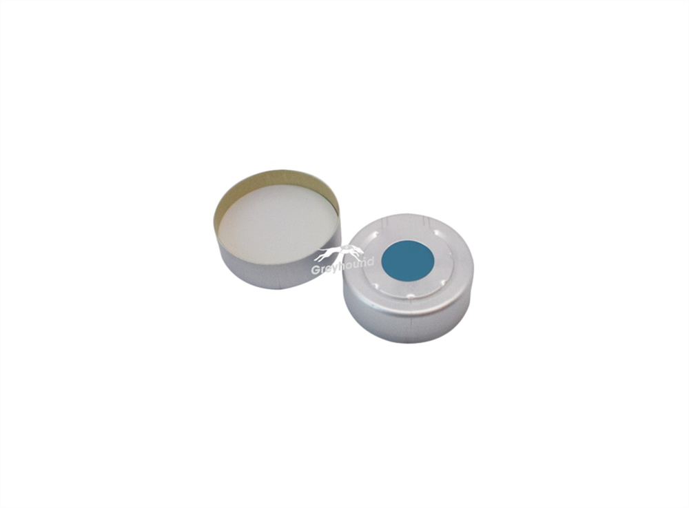 Picture of UltraClean 20mm Aluminium Headspace Crimp Cap, Silver, 10mm hole with Translucent Blue/White PTFE Septa, 3mm, (Shore A 45)
